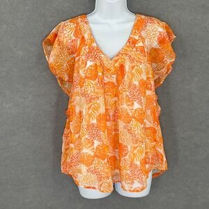 LOFT Top Women's Size L‎ Orange Floral Print Short Sleeve V Neck Flowy Bohemian